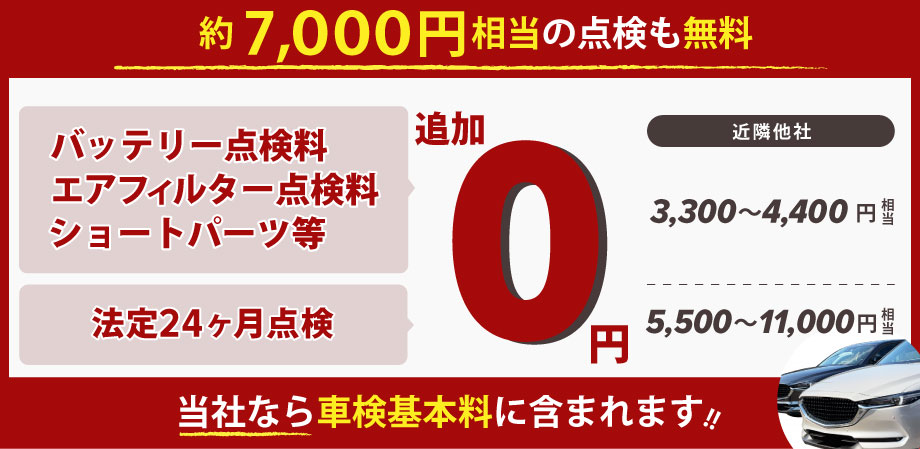 約7,000円相当の調整＆点検が無料！バッテリー点検、エアフィルター点検料、ショートパーツ、24カ月点検など！「車検の速太郎」北見店なら車検基本料に含まれます！